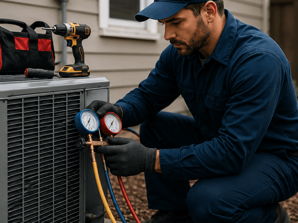 HVAC professional servicing residential equipment